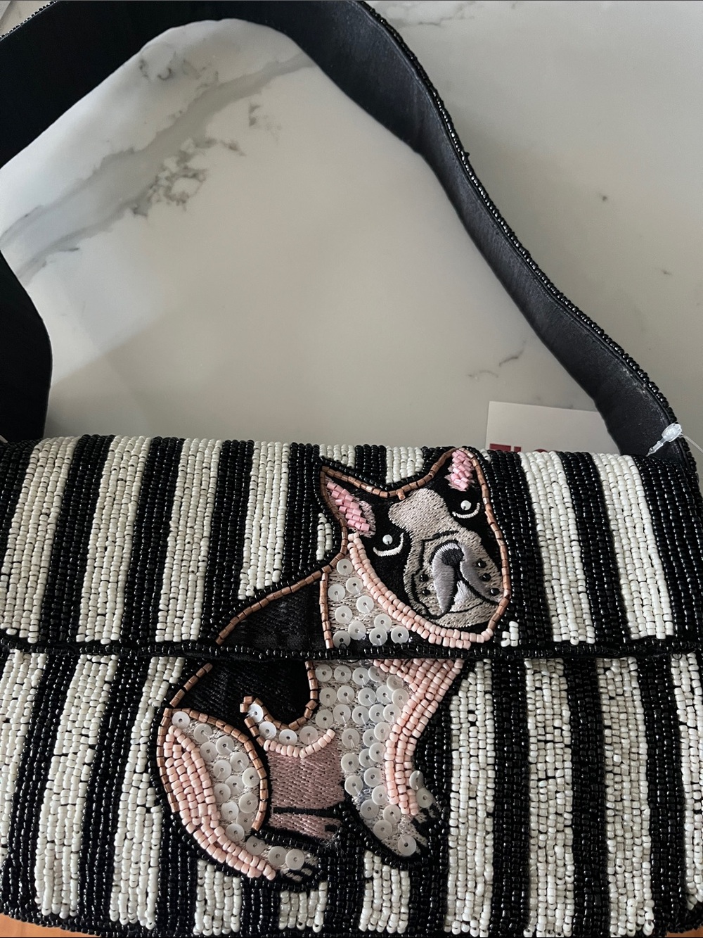 Sol and Mer Beaded Black & White Striped  Bag with Pink- frenchie Dog!  Cute.